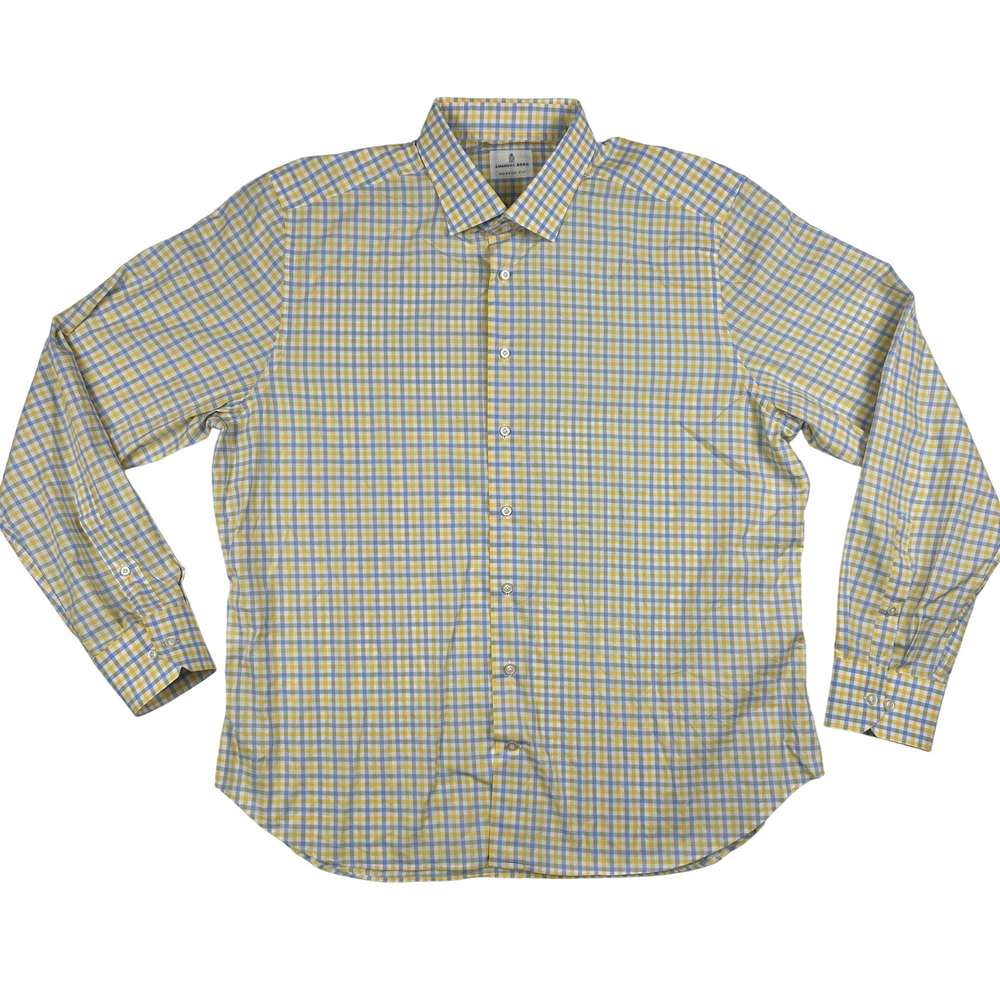 Emanuel Berg Shirt Mens 2XL Modern Fit Yellow Blue Plaid Button Down Long Sleeve